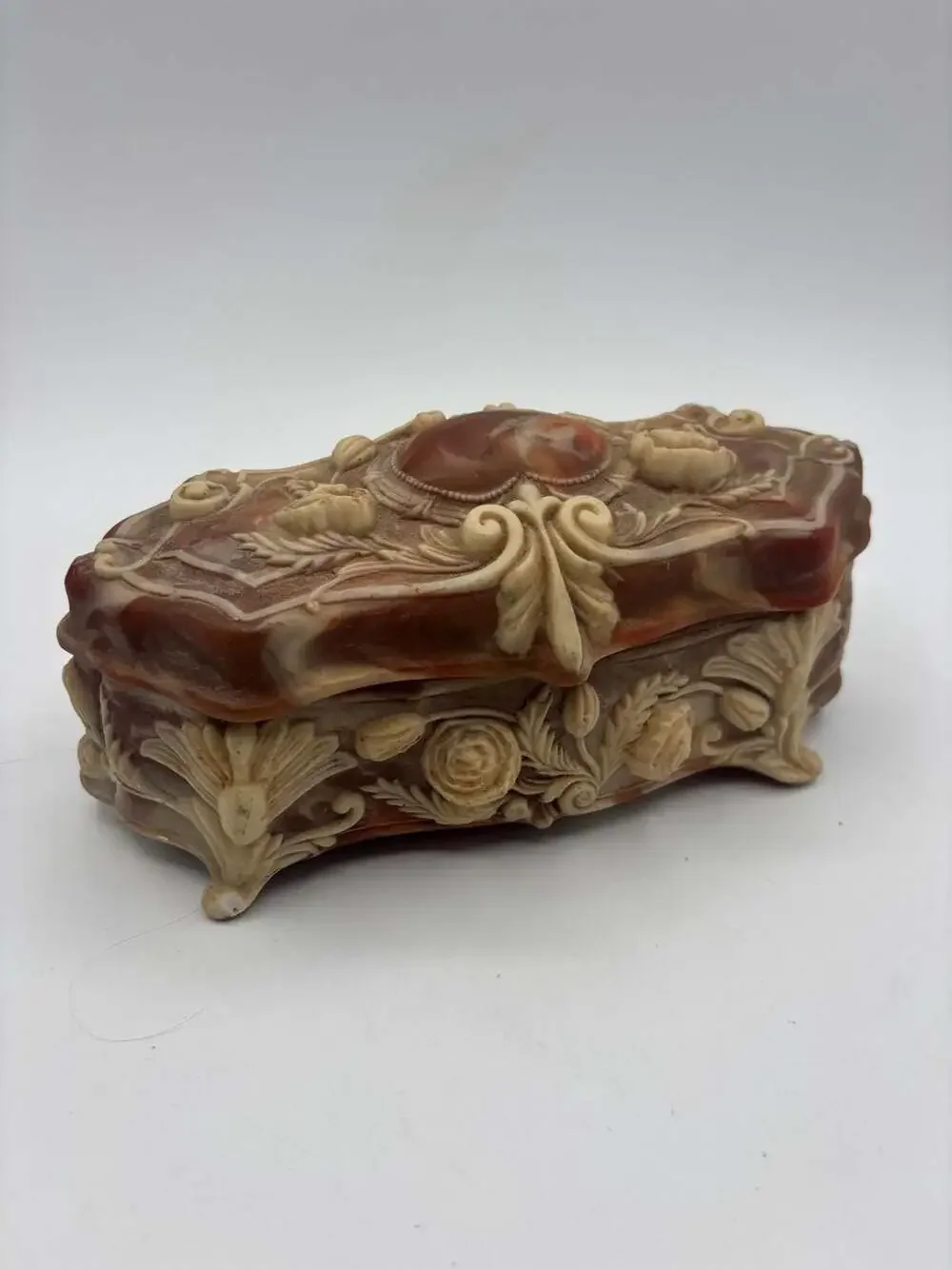 Vintage Incolay Stone Genuine Jewelry Trinket Box Pink Handcrafted Ornate Floral